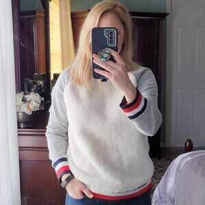 Tommy Hilfiger Sweater Sherpa Small, White, Gray, Red White Blue Stripe Trim